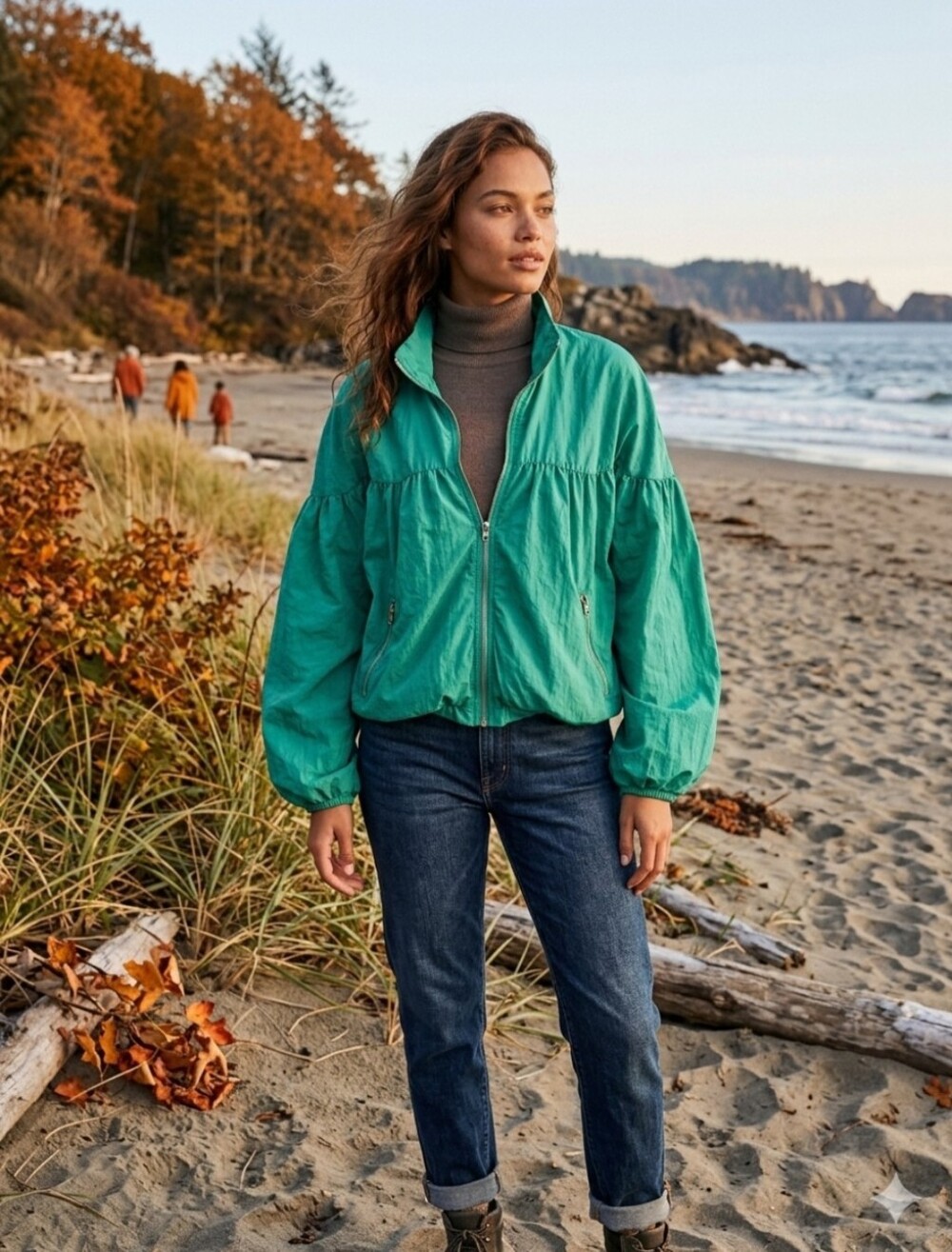 Free People Green Lightweight Zip-Front Women's Balloon Bomber Jacket Rain Fall